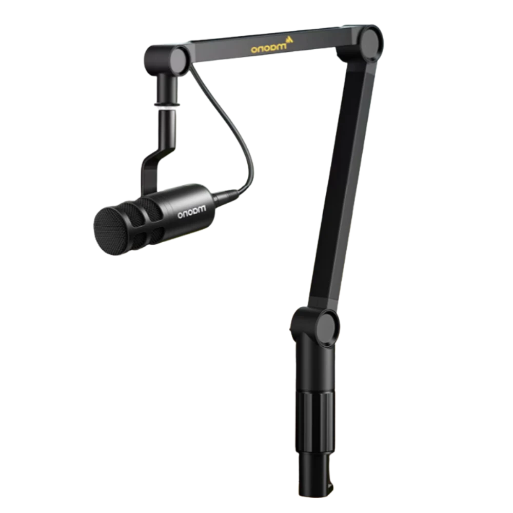 黑色的Maono麥克風和支架，適合直播使用。