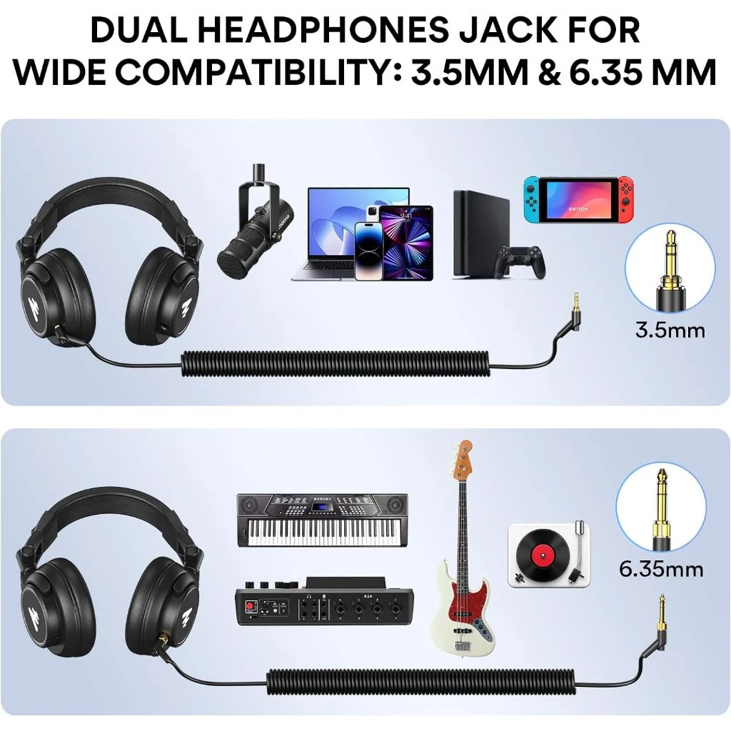 maono 閃克 | mh601 錄音室監聽耳機 双耳机插孔,支持3.5mm和6.35mm接口,兼容多种设备。