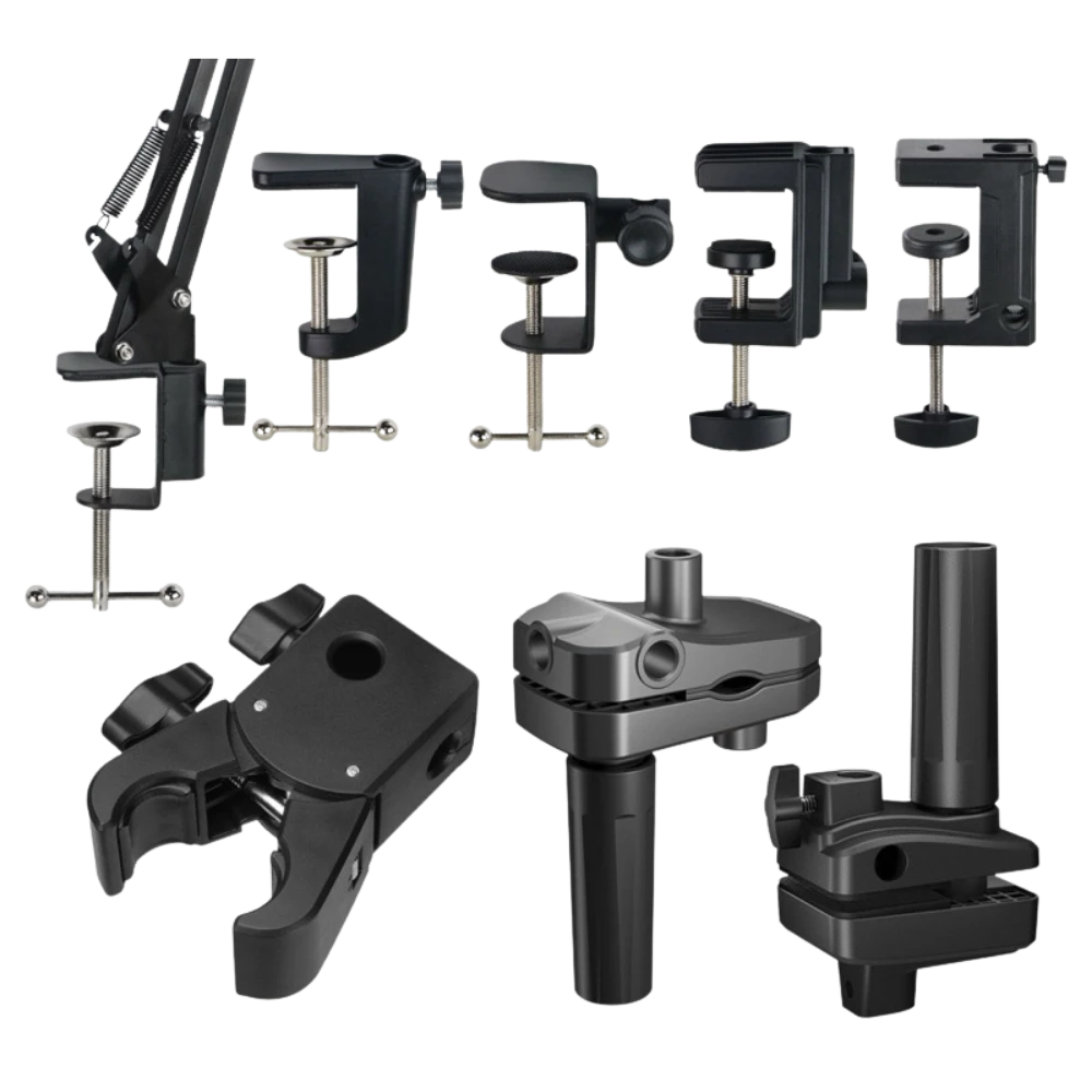 多种麦克风支架和夹具，适用于直播和录音。