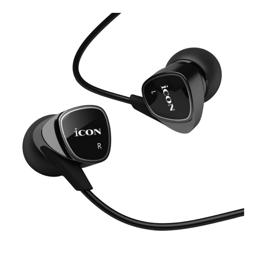 黑色 iCON 入耳式耳機，適合直播使用