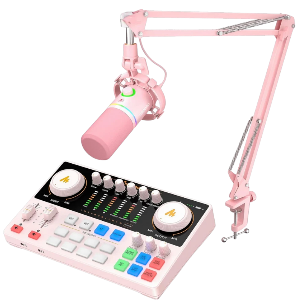 粉色麥克風和聲卡套裝，適合直播使用。