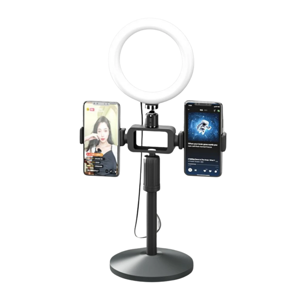 直播设备，包括环形灯和双手机支架。