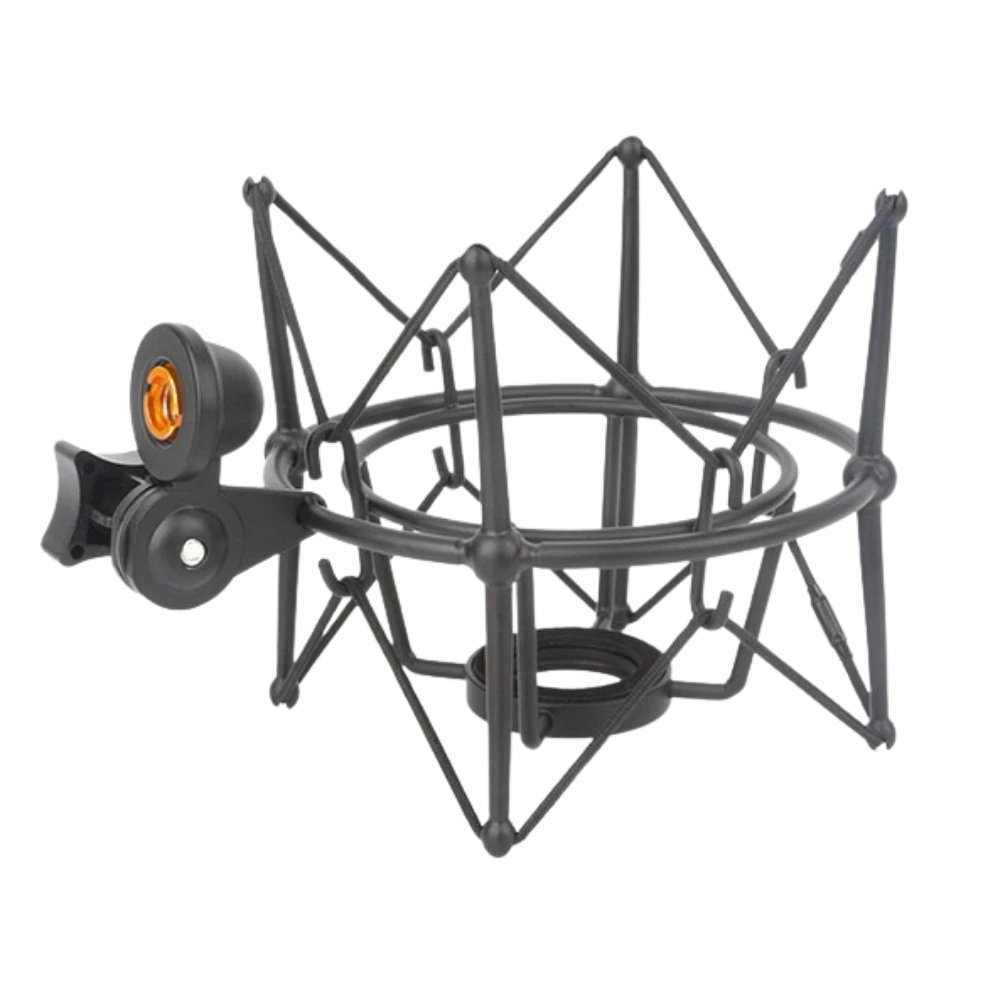 黑色麥克風防震架，適用於直播和錄音。