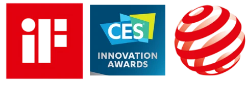 三個獎項標誌:iF設計獎、CES創新獎和紅點設計獎。