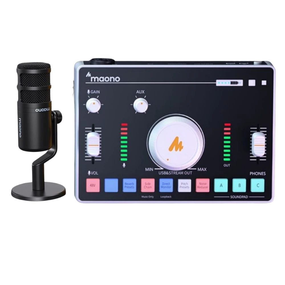 Maono品牌的麥克風和聲卡，用於直播和錄音。
