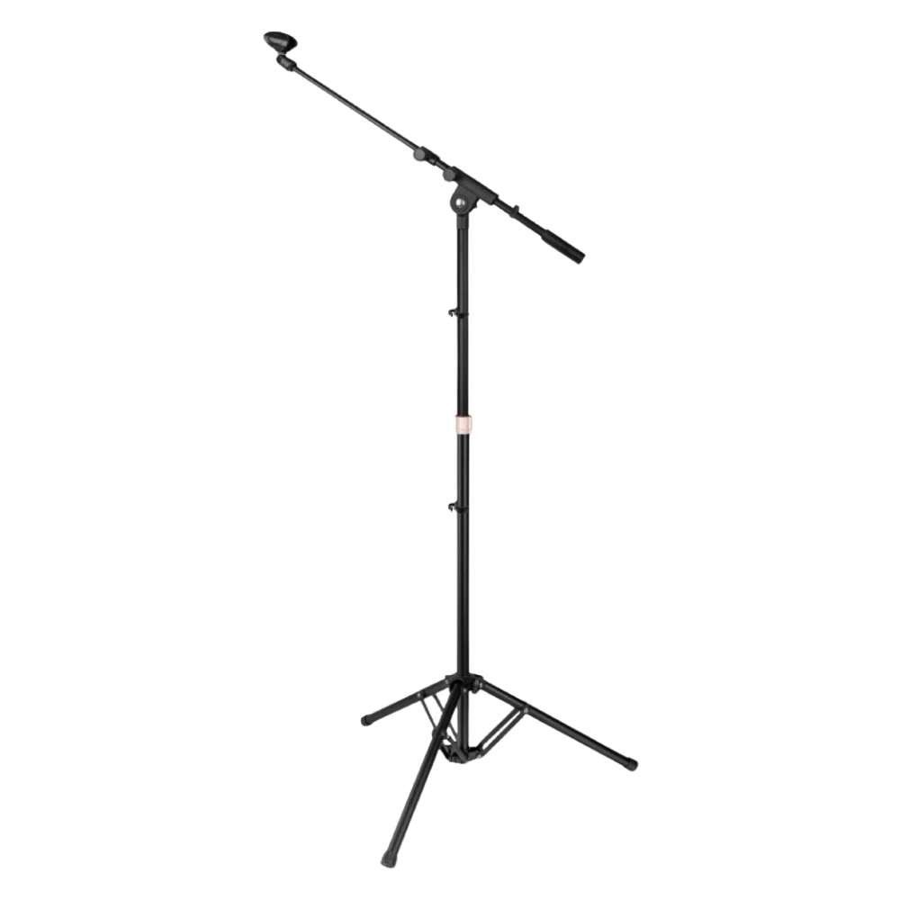 黑色可调节麦克风支架，适合直播和录音使用。