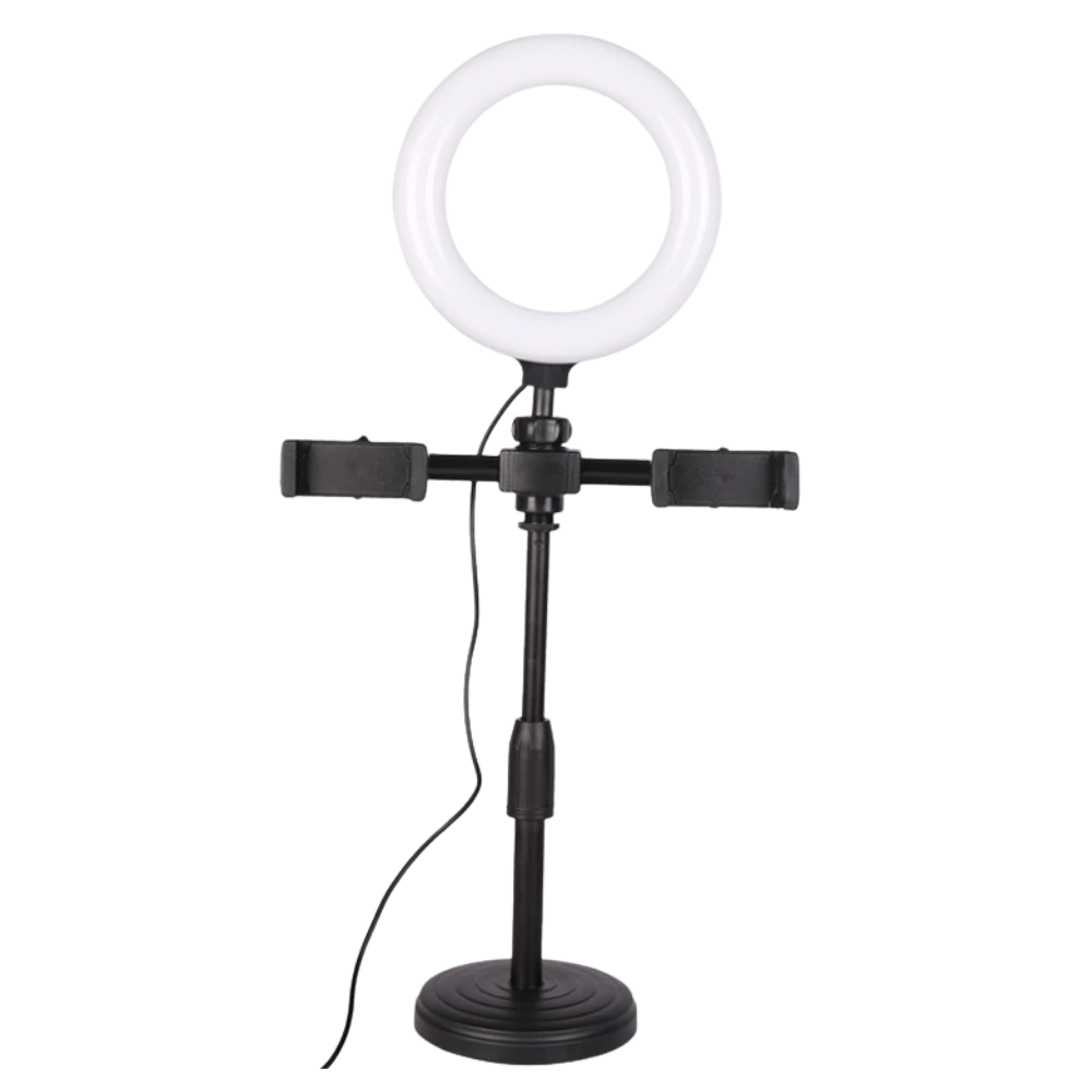 带有环形灯的直播设备支架，适合麦克风和声卡使用。