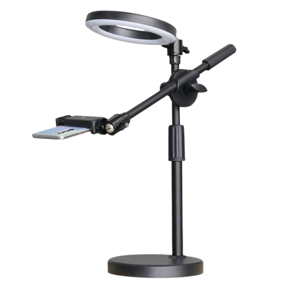 黑色可调节麦克风支架，带有环形灯和手机夹。
