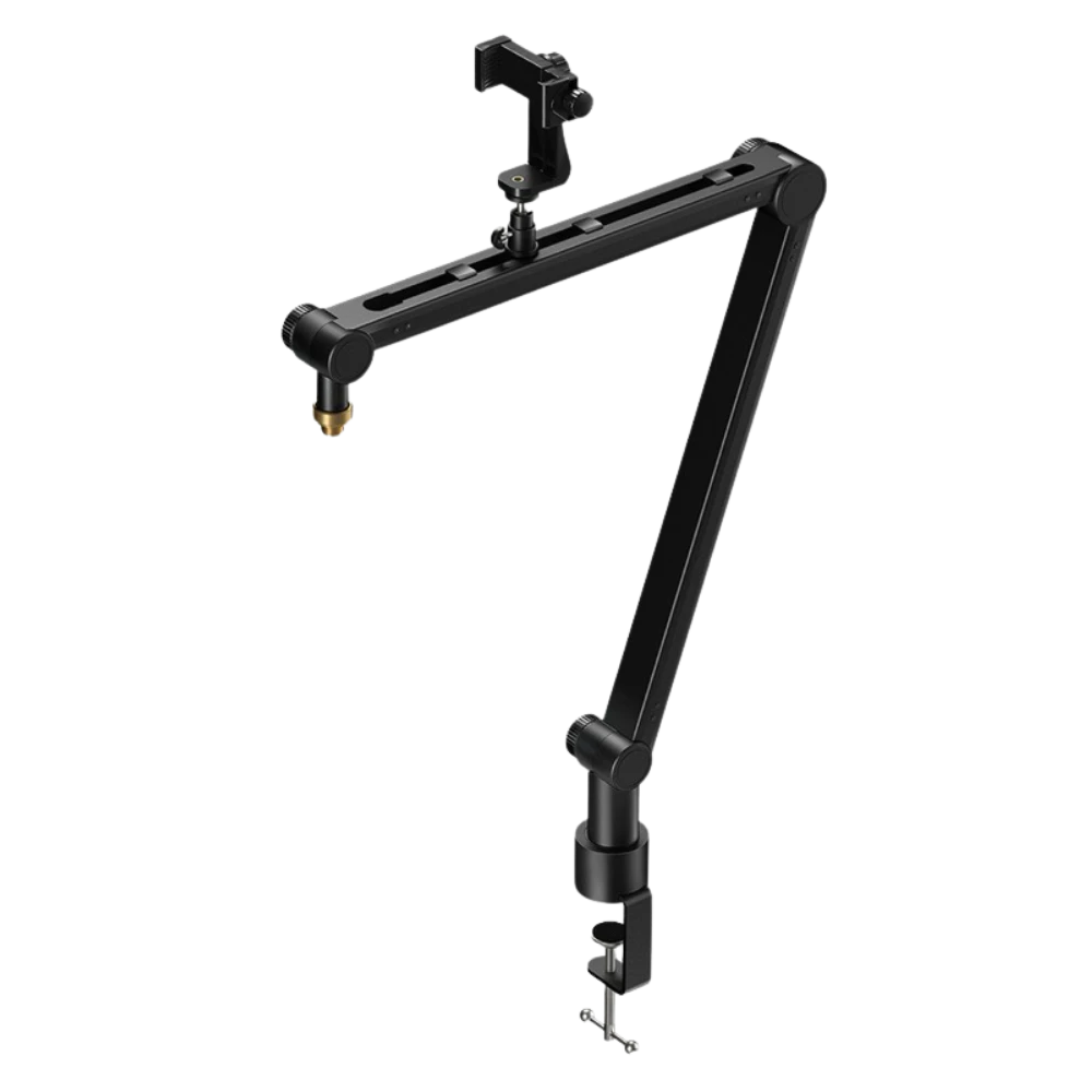 黑色麥克風支架，適用於直播和錄音。