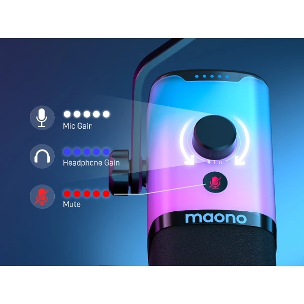 maono 閃客 pd100x rgb麥克風 Maono品牌的直播用麦克风和声卡,带有调节旋钮和静音功能。