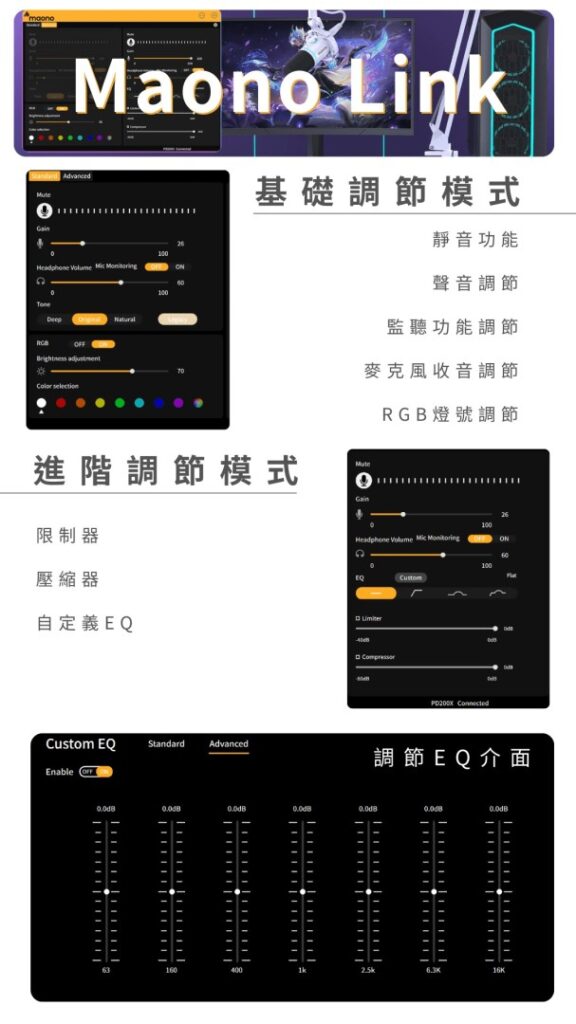 Maono Link软件界面展示，包括基础和进阶调节模式。