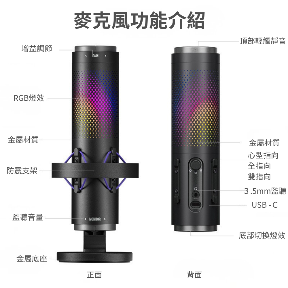 mildlife c100 rgb麥克風 麥克風功能介紹,包含增益調節、RGB燈效、防震支架等。