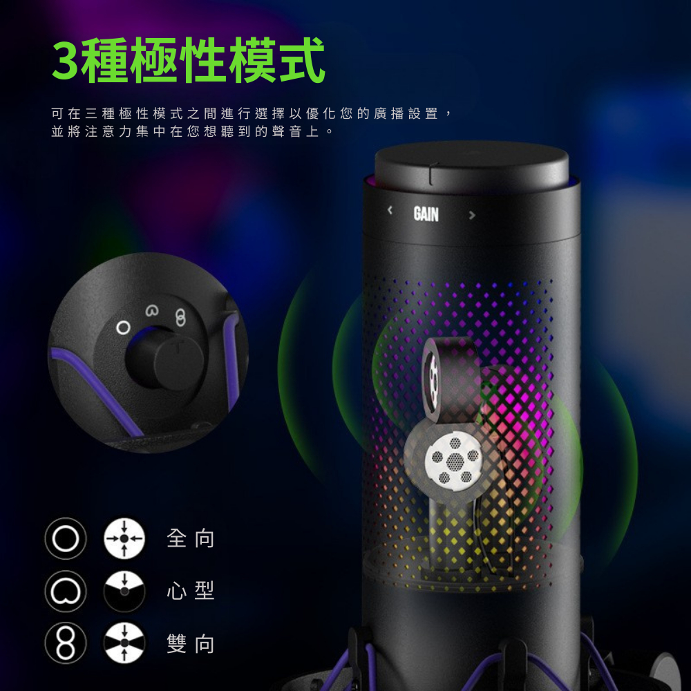 mildlife c100 rgb麥克風 多功能麥克風展示三種極性模式,適合直播和錄音使用。