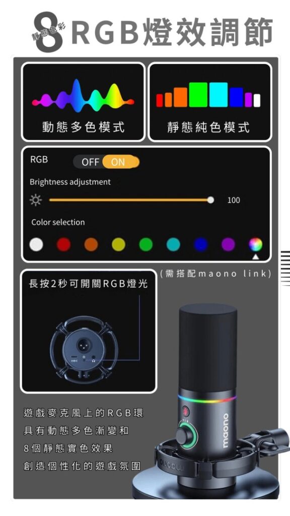 RGB燈效調節面板和麥克風設置，適合直播使用。