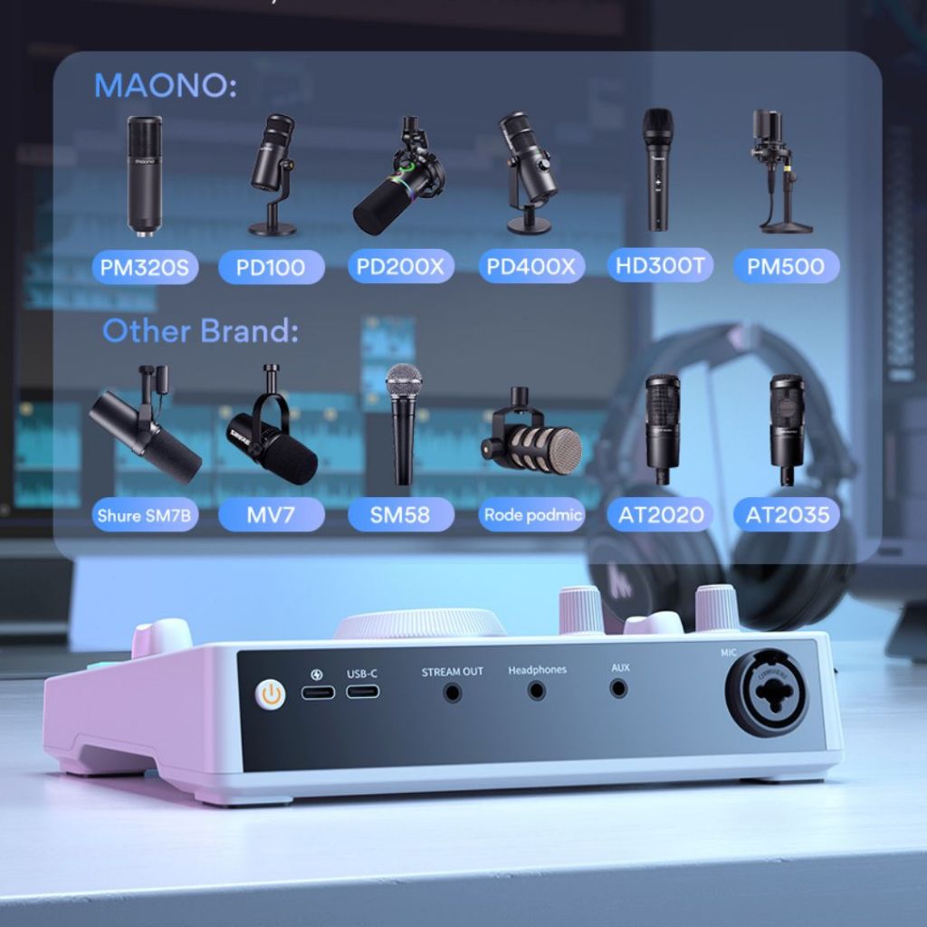 maono neo 直播聲卡 多款麥克風和聲卡展示,適合直播使用。